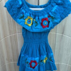 Blue Off-Shoulder Ruffled Sundress with Red Embroidery